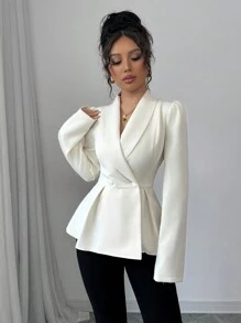 Modelyn 女士编织杏色收腰翻领双排扣长袖西装外套 - 杏色 - 查看 4