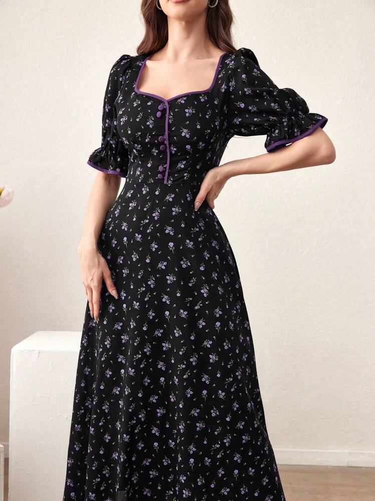 Modelyn 女士心形领撞色饰边前扣休闲迷你连衣裙 - 紫色 - 查看 5