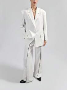 Ontre Modern Urban Style Two-Tone Design White Suit Pants, Daily Casual Tailored Thin Side Stripe White Dress Pants For Women - White - View 4