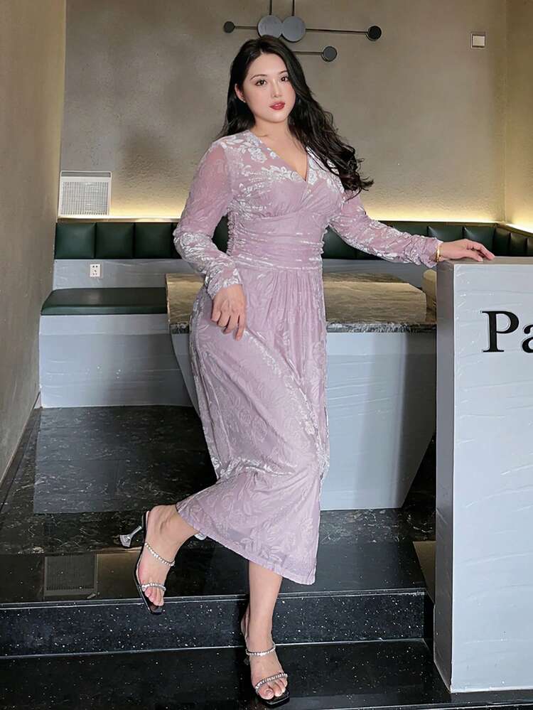 Dazy Petite Plus Plus Size Purple V-Neck Shiny Floral Long Dress With Side Slit, For Formal Occasions, Spring/Summer/Autumn Long Sleeve Dress Prom Dress Elegant Women Dresses Maxi Dress