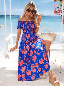 SHEIN VCAY Sukienka z nadrukiem z odkrytymi ramionami i krótkim rękawem dla kobiet, letnia odzież, walentynki, stroje wakacyjne dla kobiet, stroje plażowe dla kobiet, festiwale, romantyczne, boho, boho, słodkie, stroje rave na festiwal, tropikalne ubrania wakacyjne dla kobiet, karnawał, stroje wakacyjne dla kobiet