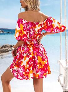 SHEIN VCAY 编织印花露肩短袖女式迷你连衣裙、夏装、情人节、女士度假服装、女士沙滩装、节日、浪漫、波西米亚风、波西米亚风、甜美、狂欢节服装、热带度假女装