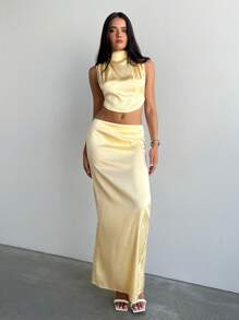 Aloruh Women Elegant Solid Stand Collar Sleeveless Top And Extra Long Skirt, 2 Pieces Set Valentine's Day Two Pieces Set Women Vacation Outfits Elegant Beach Outfits - Yellow - View 4