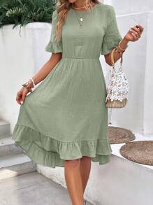 EMERY ROSE Solid Flounce Sleeve Ruffle Hem Dress Without Belt,Sage Green Dress,Pastel Dresses For Women