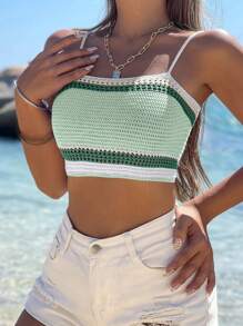 Breezaya Women's Contrast Color Hollow Out Cami Crop Knit Top - Multicolor - View 1