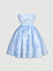 SHEIN MOD Women Floral Print 2 In 1 Tie-Up Organza Dress, Women's Blue And White Print, Organza, Two-Piece Suit, Jacket And Dress, Print Blue Dress (Without White Inside Petticoat), Retro Palace Style Puff Sleeve, Art Series,