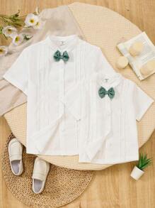 1pc Young Boy White Bamboo Texture Shirt With Pleated Front Panel, Turndown Collar, Short Sleeve, Contrast Bow Tie, Casual & Smart For Outing, Spring/Summer