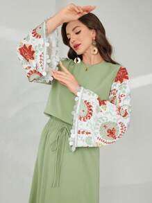 Mulvari Damen Set aus unifarbener Patchwork-Bluse mit Rundhalsausschnitt und Langarm und Rock, 2-teilig