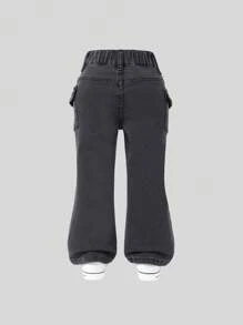 SHEIN Jeans entallados de mezclilla negra lavada con múltiples bolsillos y cintura elástica para niña en estilo casual