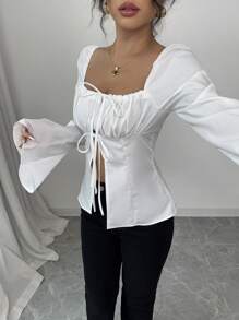 Elenzga Women's Spring New Solid Color Vintage Slash Neck Pleated Patchwork Hollow Out Tie Long Sleeve Flare Sleeve Fitted A-Line Minimalist Elegant Casual Vacation Date Blouse Fall Cloth For Women - White - View 4