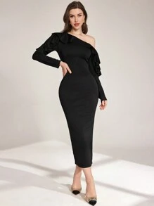 Modelyn Vestido Midi com Cintura Franzida, Recorte Assimétrico no Ombro e Babado