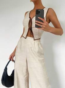 Siren Gaze 2 件女式撞色绑带纽扣前无袖上衣和长裤套装，极简主义，春夏季，休闲无袖罗纹短背心和直筒裤 2 件套，适合日常穿着，优雅通勤，拼色饰边，前翻领系带无袖上衣和长裤两件套，亚麻质地面料，优雅时尚，适合通勤，办公室警笛风格服装