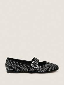 Muvela Women's Fashion Versatile INS Style Rhinestone Decor Round Toe Mary Jane Strap Flats - Black - View 1