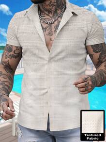 Manfinity Homme Men's Casual Single-Breasted Textured Short Sleeve Shirt Beach Vacation - White - View 6