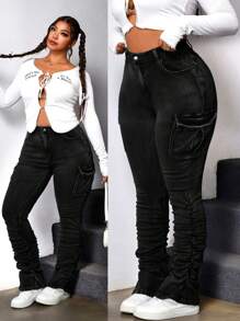 SHEIN ICON 大码前扣口袋褶皱休闲牛仔裤