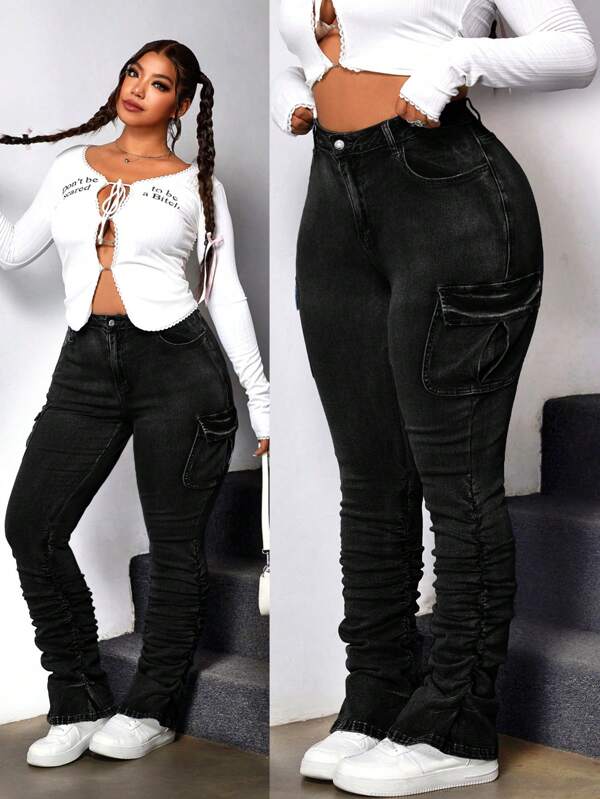 SHEIN ICON Plus Size Front Button Pocket Pleated Casual Denim Jeans