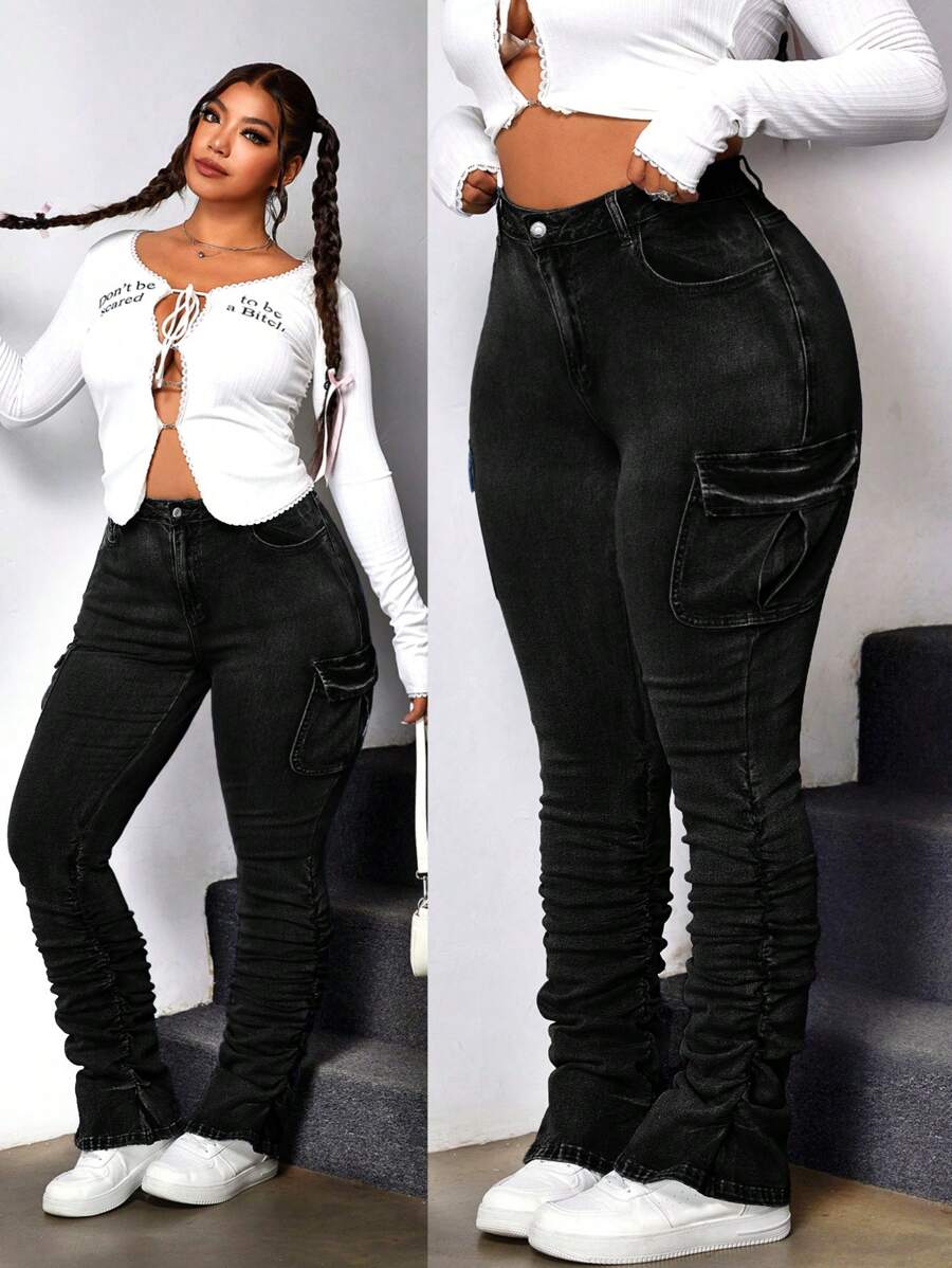 SHEIN ICON 大码前扣口袋褶皱休闲牛仔裤