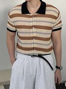 DAZY Men's Solid Color Patchwork Front Button Casual Short Sleeve Top, Daily Wear Summer Business Attire - Multicolor - View 3