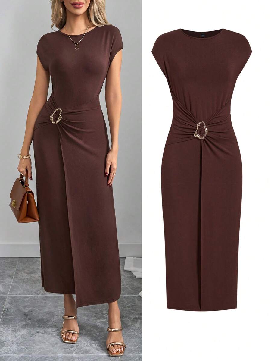 Ellevyn Women's Elegant Metal Button Decoration Twist Waist Long Sleeve Dress For Work And Daily Wear Women's Summer Clothing Ladies Dress Elegant Carnival Summer Women's Dress, Summer Dress Spring Wear Solid Black