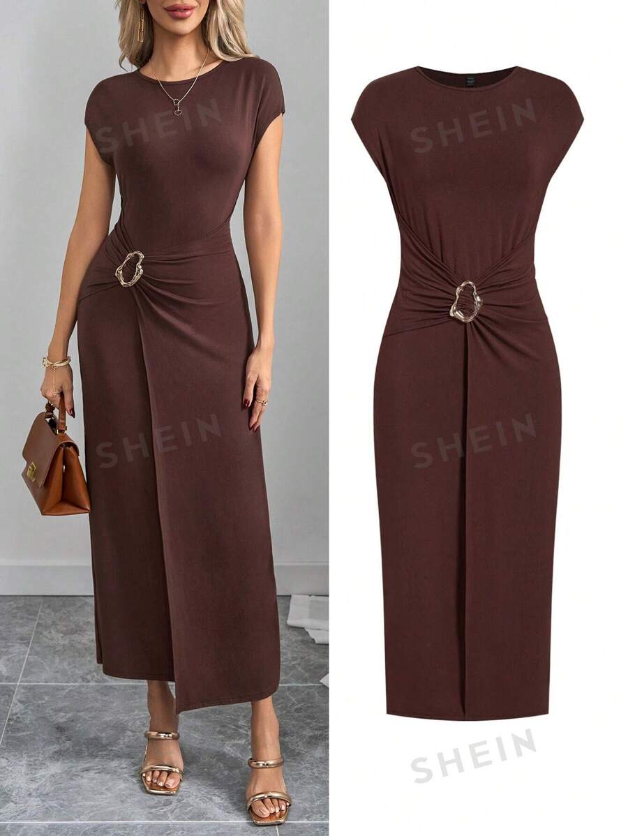 Ellevyn Vestido de manga larga con decoración de botones metálicos y cintura retorcida, para trabajo y uso diario. Vestido elegante de verano para mujeres, ropa de verano, vestido elegante de carnaval para mujeres, vestido de verano para primavera - Café integral - Ver 1