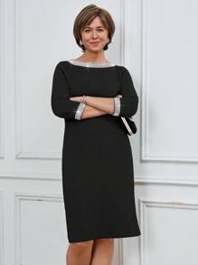 Miaspire Vestido negro de longitud media elegante con decoración de rhinestones, adecuado para trabajo/primavera/verano