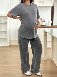SHEIN Casual Round Neck Short Sleeve Straight Leg Pants Maternity Set, Distressed Washed Relaxed Fit - Dark Grey - View 6