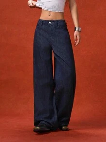 LYSMO Women's Simple Front Button Pocket Dark Blue Loose Wide Leg Jeans