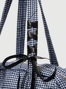 ROMWE Kawaii 1 件 Y2K 黑白格子大容量多口袋手提包单肩包，适合日常通勤、购物和返校季节（包括蝴蝶结、DIY） - 黑與白 - 查看 5