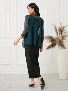 Mulvari Conjunto de 2 piezas para mujer con abrigo largo de encaje y vestido, ajuste casual slim