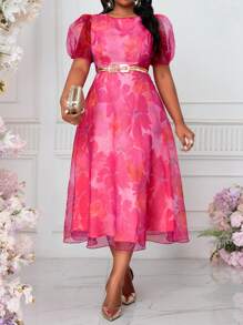 SHEIN Lady Autumn And Winter Elegant Vintage Work Wedding Cocktail Party Colorful Knitted Chiffon Round Neck Bishop Sleeve A Line Dress Plus Size Dresses Prom Dress - Pink - View 4