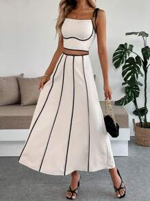 Calvaya Women's Elegant Color Block Camisole Top And A-Line Skirt