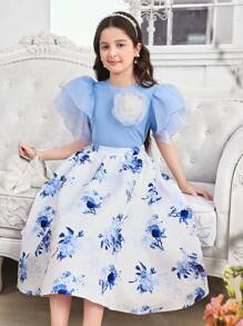 SHEIN Leap Crew Tween Girls 2pcs Set Layered Ruffle Sleeve Blouse & Floral Print Skirt - Blue and White - View 5