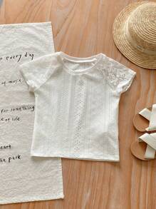 Girls' Solid Color Knit T-Shirt With Lace Net Mesh Insert And Raglan Sleeve