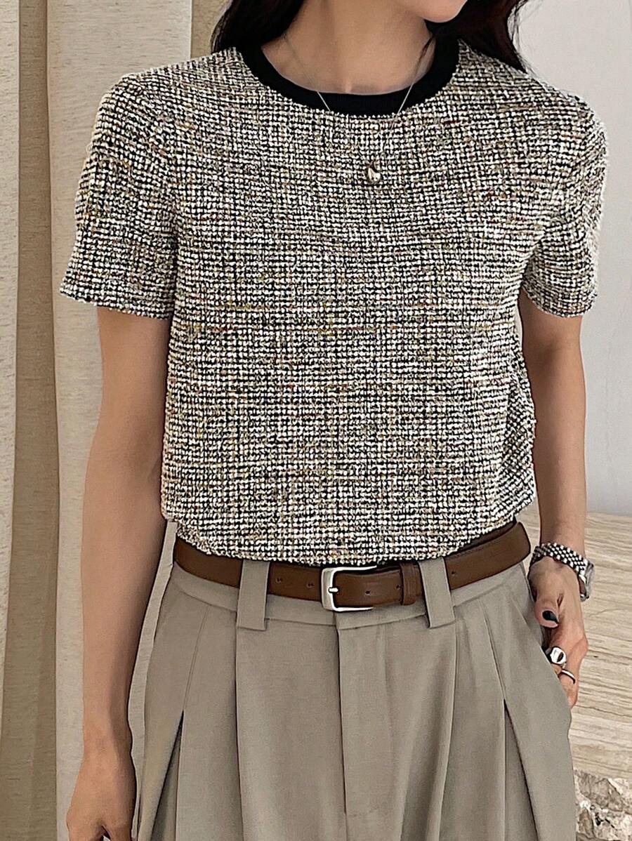 Dazy Star Women Casual/Work Commute Color Block Round Neck Short Sleeve T-Shirt Plaid - Apricot - View 1