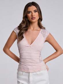 SHEIN BAE BAE Women's Floral Jacquard Lace V-Neck Backless Slim Fit Top Suitable For Valentine Day - Dusty Pink - View 6