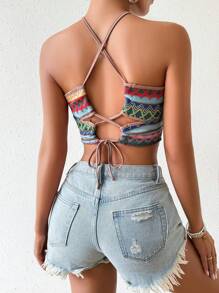 Breezaya Geo Print Tie Backless Crop Top Graphic Tees Women Tops