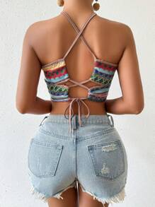 Breezaya Geo Print Tie Backless Crop Top Graphic Tees Women Tops