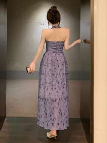 DAZY Damen Batik-Muster plissiertes Neckholder Midi-Kleid für den Sommer, Kleid für Hochzeit mit Blumenmuster - Verschiedenfarbig - Übersicht 6