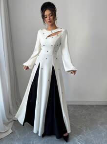 Modelyn 女士优雅双色拼接泡泡珠镂空腰部 A 字形连衣裙长款女装 - 杏色 - 查看 6