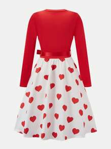 Teens Girl Valentine's Day Contrast Heart Print Dress - Red - View 2