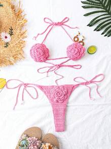 SHEIN Swim 钩针编织 3D 花朵比基尼套装（带粉色罩衫）女式夏季 - 粉色 - 查看 6