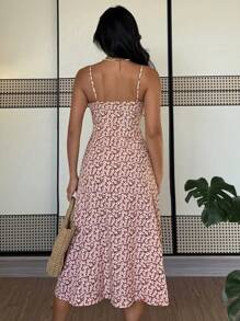 SHEIN VCAY Dames vakantiejurk met spaghettibandjes en strik aan de voorkant en een split met ditsy bloemenmotief