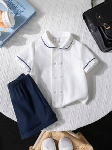 SHEIN 2 件套男婴休闲彼得潘领撞色短袖衬衫和松紧腰短裤套装，适合生日派对、洗礼、1 岁生日庆祝、晚会、表演、婚礼、婴儿洗礼、春夏装 - 藍色 - 查看 4