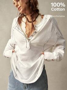 Bohemela 1 件女士休闲纯色落肩长袖宽松运动衫，秋冬长袖上衣 - 白色 - 查看 2