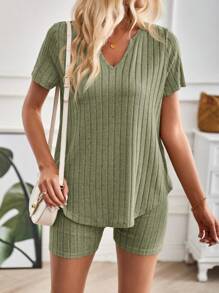 SHEIN LUNE 2pcs Women Solid Color V-Neck Short Sleeve Ribbed Casual Top And Shorts Set