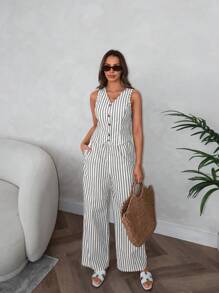 SHEIN LUNE Conjunto de 2 piezas para mujer: Chaleco a rayas azul y blanco y pantalones - Gris - Ver 3