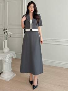 DAZY 女士两件套西装 - 撞色拼接短袖外套和半裙套装，秋季商务装 - 深灰色 - 查看 4