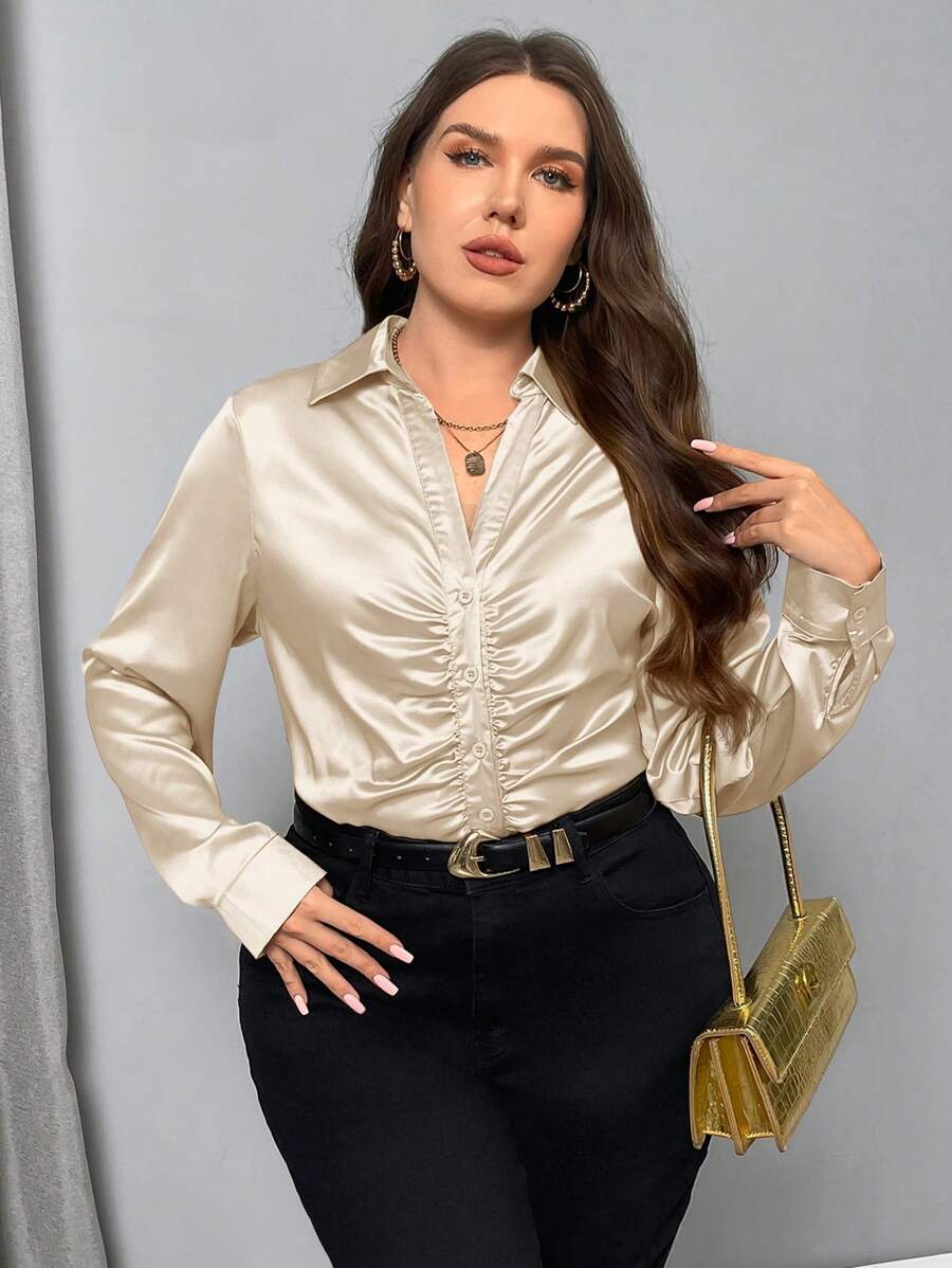 Firerie Blusa de mujer de tallas grandes de unicolor elegante con diseño plisado dorado para fiesta