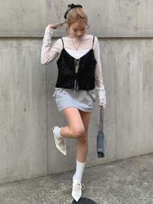 FRIFUL 女士圣诞亮片系带新年闪光上衣 - 黑色 - 查看 6