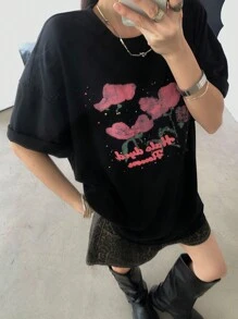 DAZY Women Floral Contrast Color Print Round Neck Short Sleeve T-Shirt Summer Cute Tops Oversized T-Shirt,Graphic Tees - Black - View 8